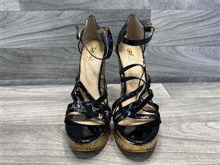 Yves Saint Laurent Black Patent Leather Gold Wedges, Size 42 (US 11)